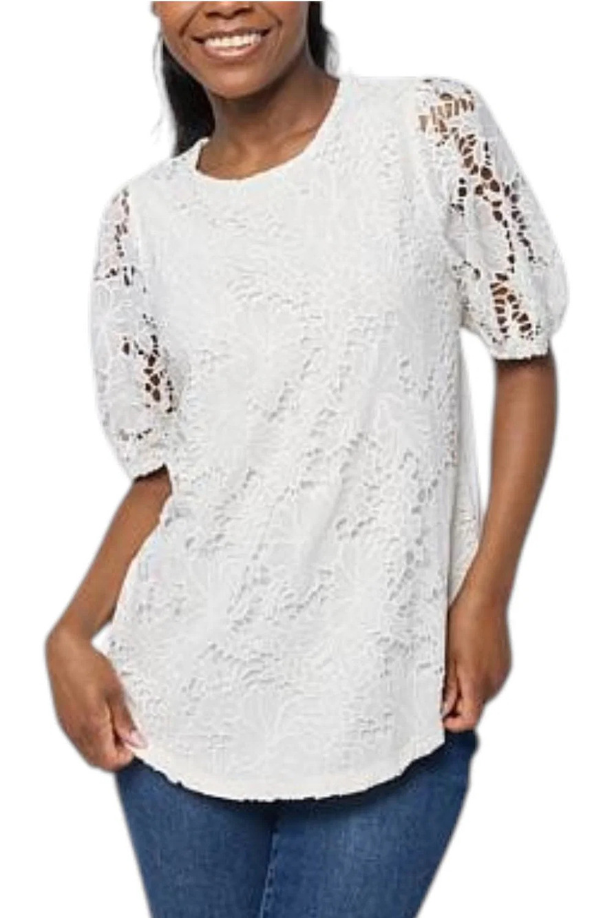 DG2 by Diane Gilman Women's Lace Embroidered Puff-Sleeve Top Porcelain - Regular